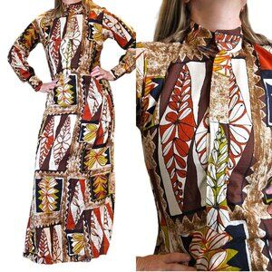 Vintage 60s 70s Womens Size 6 Barkcloth Modest‎ Dress Abstract Hawaiian Brown